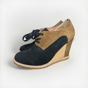 PILCRO Oxford Wedge Booties Black Brown Lace Up Leather Suede Shoes Women's 6.5